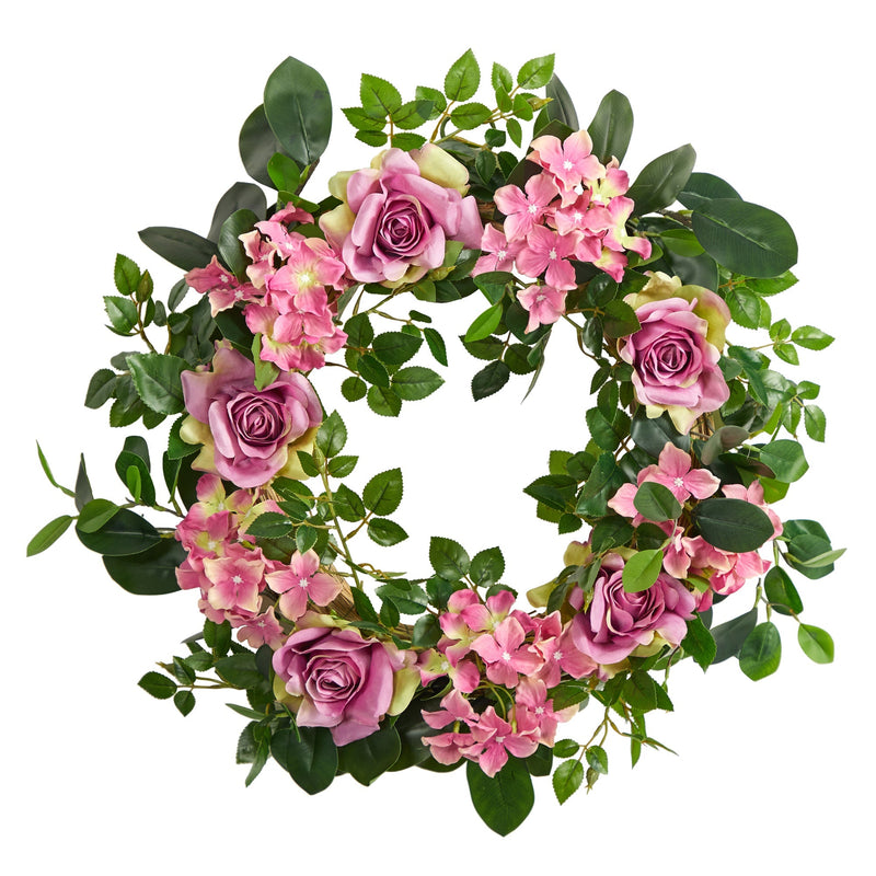 22” Pink Hydrangea and Rose Artificial Wreath by Nearly Natural