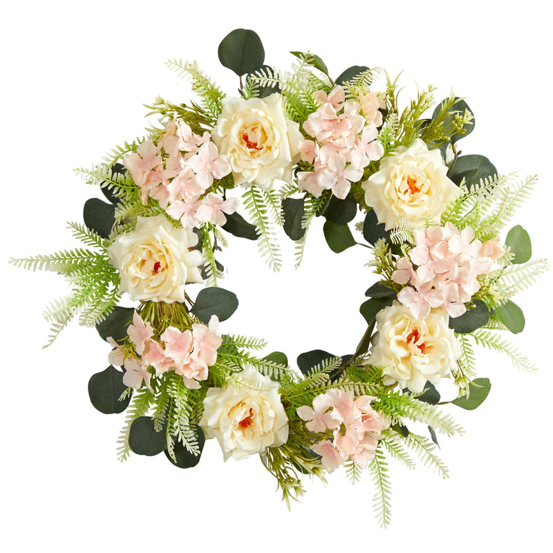 22” Rose and Hydrangea Artificial Wreath by Nearly Natural