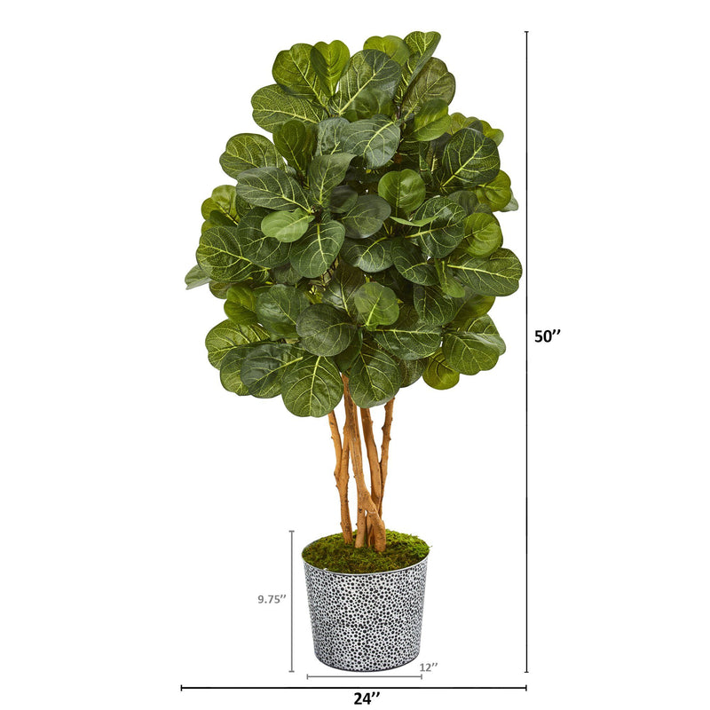 50” Fiddle Leaf Fig Artificial Tree in Tin Planter with Black Pattern by Nearly Natural