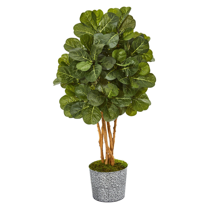 50” Fiddle Leaf Fig Artificial Tree in Tin Planter with Black Pattern by Nearly Natural