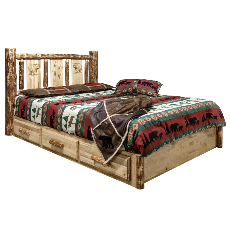 Glacier Country Collection Platform Bed w/ Storage, Laser Engraved Bear Design