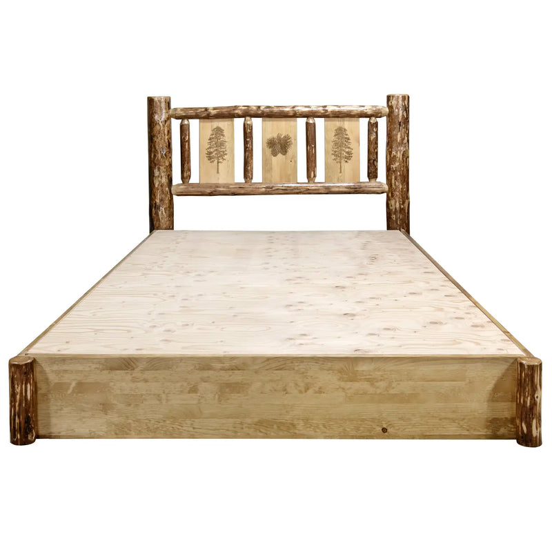 Glacier Country Collection Platform Bed w/ Storage, Laser Engraved Pine Design