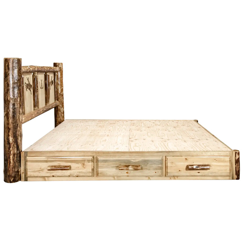 Glacier Country Collection Platform Bed w/ Storage, Laser Engraved Bronco Design