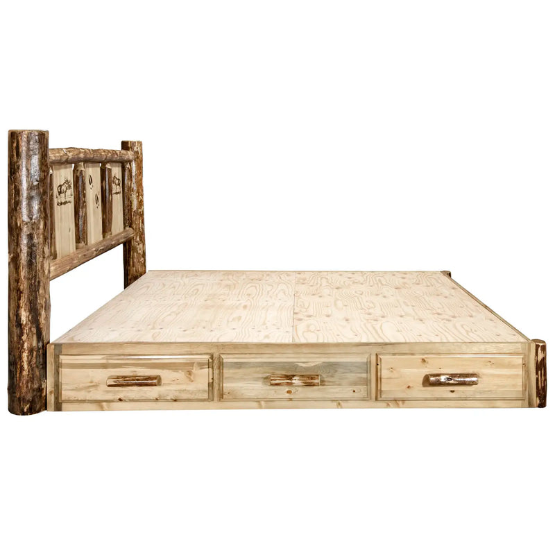 Glacier Country Collection Platform Bed w/ Storage, Laser Engraved Moose Design