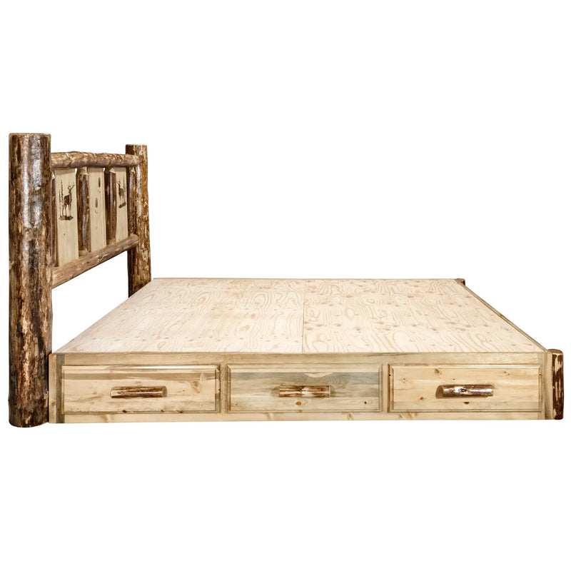 Glacier Country Collection Platform Bed w/ Storage, Laser Engraved Elk Design