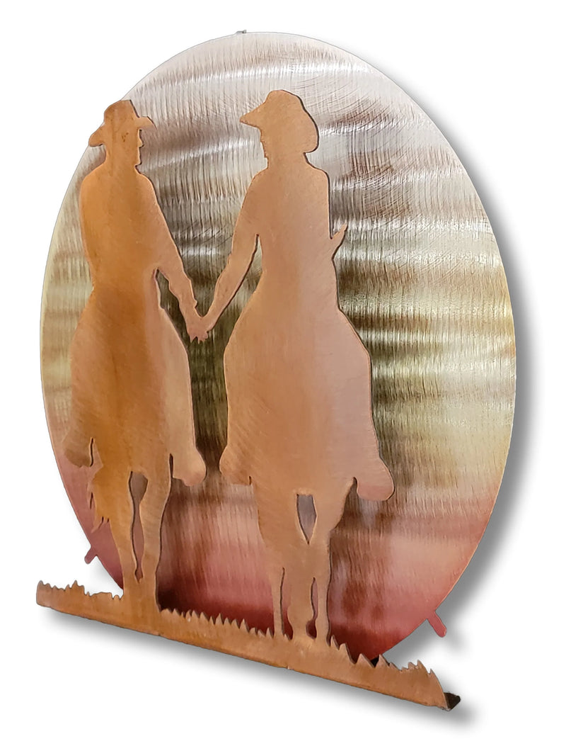 Cowboy and Cowgirl on Horseback Holding Hands Metal Wall Art