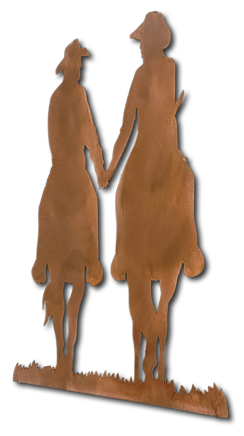 Cowboy and Cowgirl on Horse Holding Hands Western Element Rust Finish