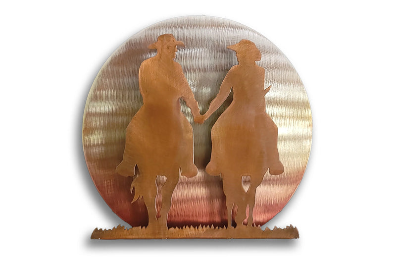 Cowboy and Cowgirl on Horseback Holding Hands Metal Wall Art