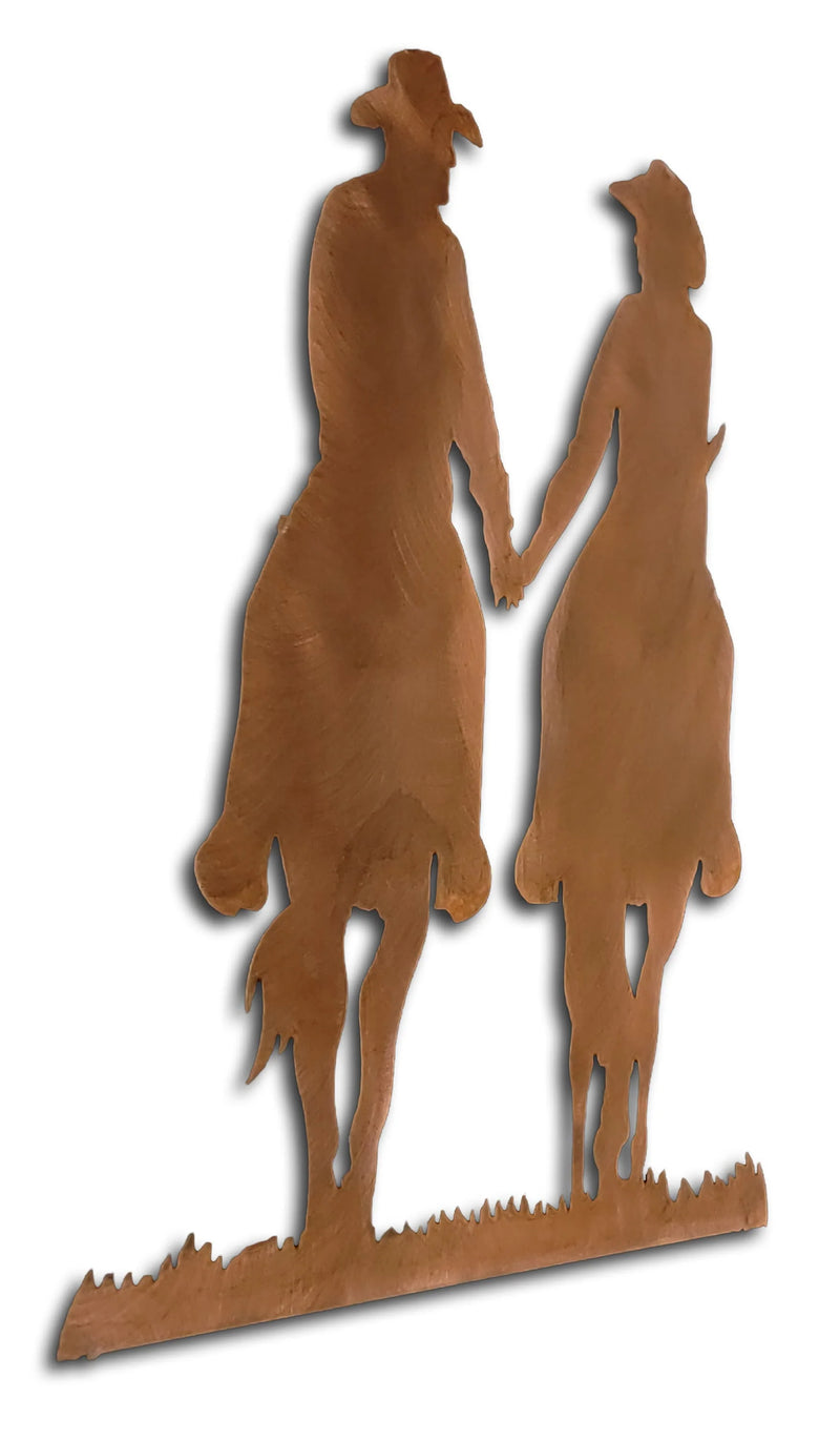 Cowboy and Cowgirl on Horse Holding Hands Western Element Rust Finish