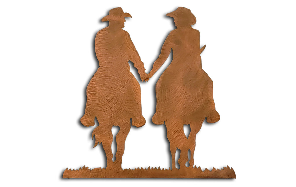 Cowboy and Cowgirl on Horse Holding Hands Western Element Rust Finish