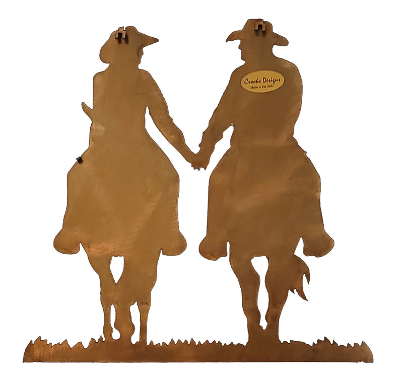 Cowboy and Cowgirl on Horse Holding Hands Western Element Rust Finish