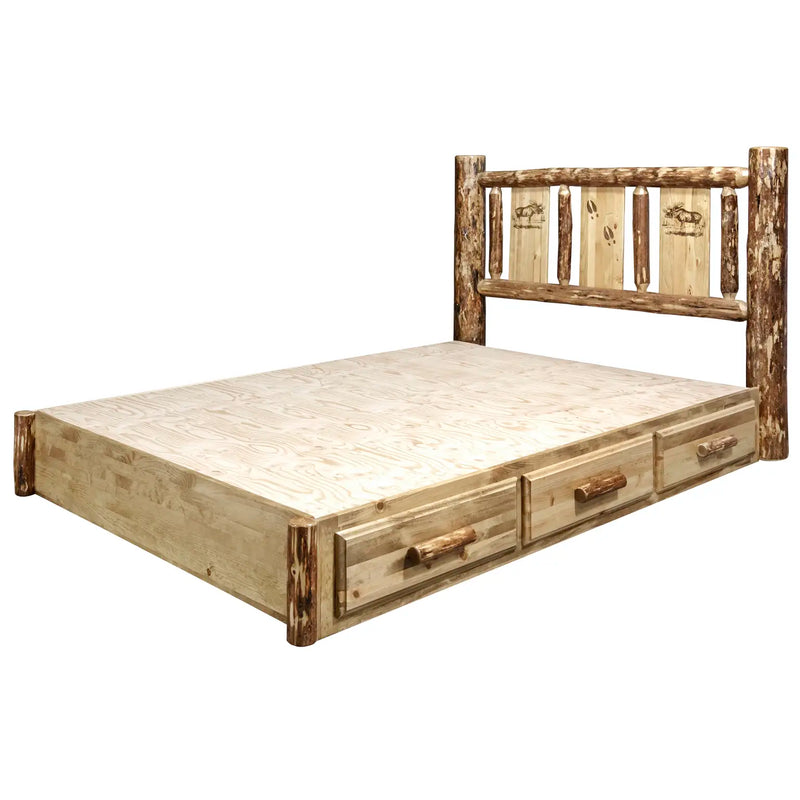 Glacier Country Collection Platform Bed w/ Storage, Laser Engraved Moose Design