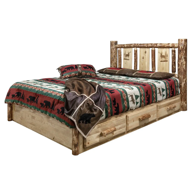 Glacier Country Collection Platform Bed w/ Storage, Laser Engraved Elk Design