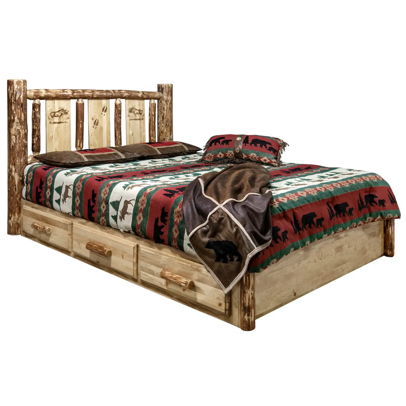 Glacier Country Collection Platform Bed w/ Storage, Laser Engraved Moose Design