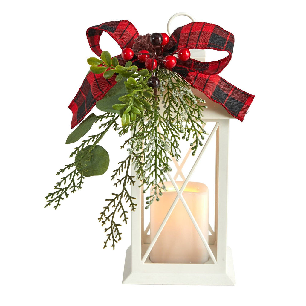 12" Holiday White Lantern With Berries, Pine and Plaid Bow Christmas Table Arrangement" by Nearly Natural