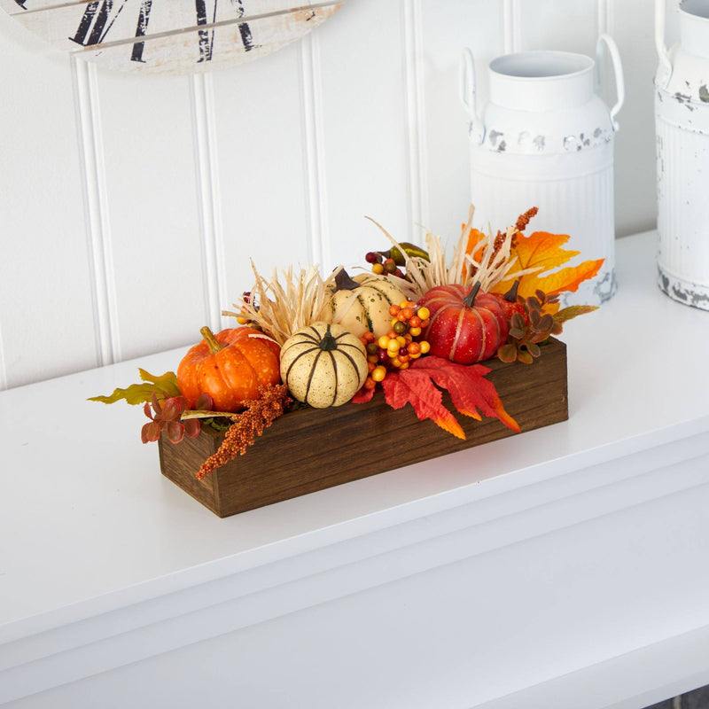 16” Harvest Pumpkin and Berries Artificial Arrangement in Wood Vase by Nearly Natural