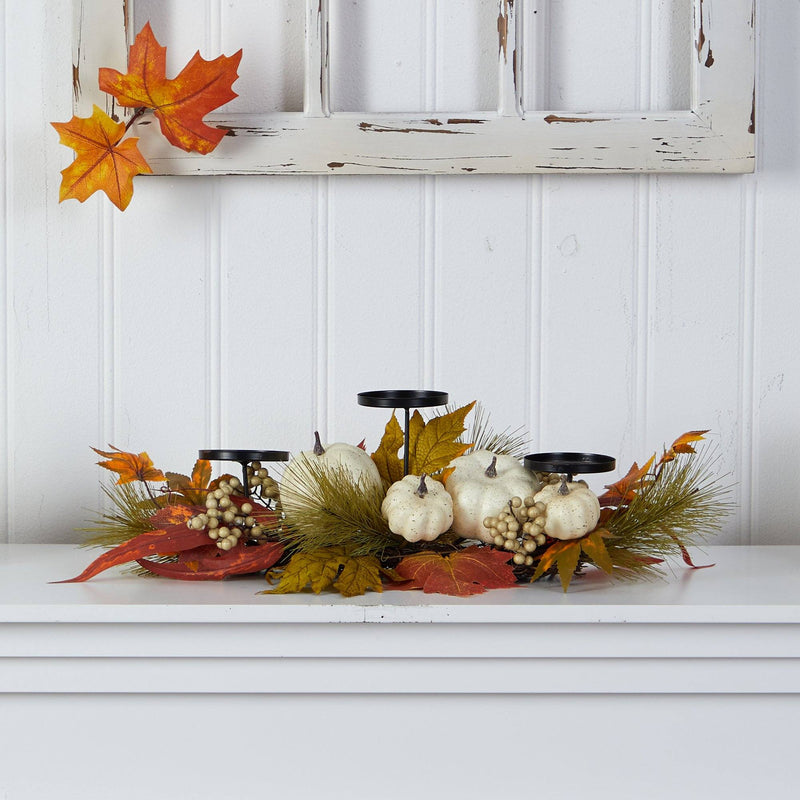 22” Fall Pumpkin and Maple Leaf Autumn Candelabrum by Nearly Natural