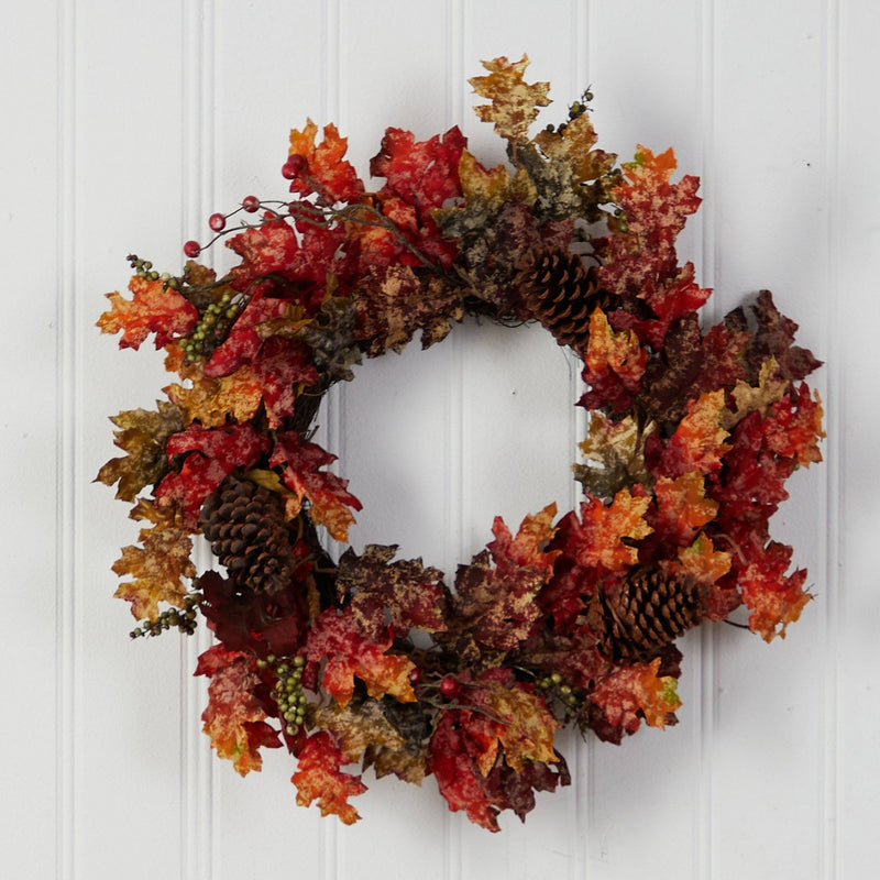 24” Autumn Maple, Berries and Pinecone Fall Artificial Wreath by Nearly Natural