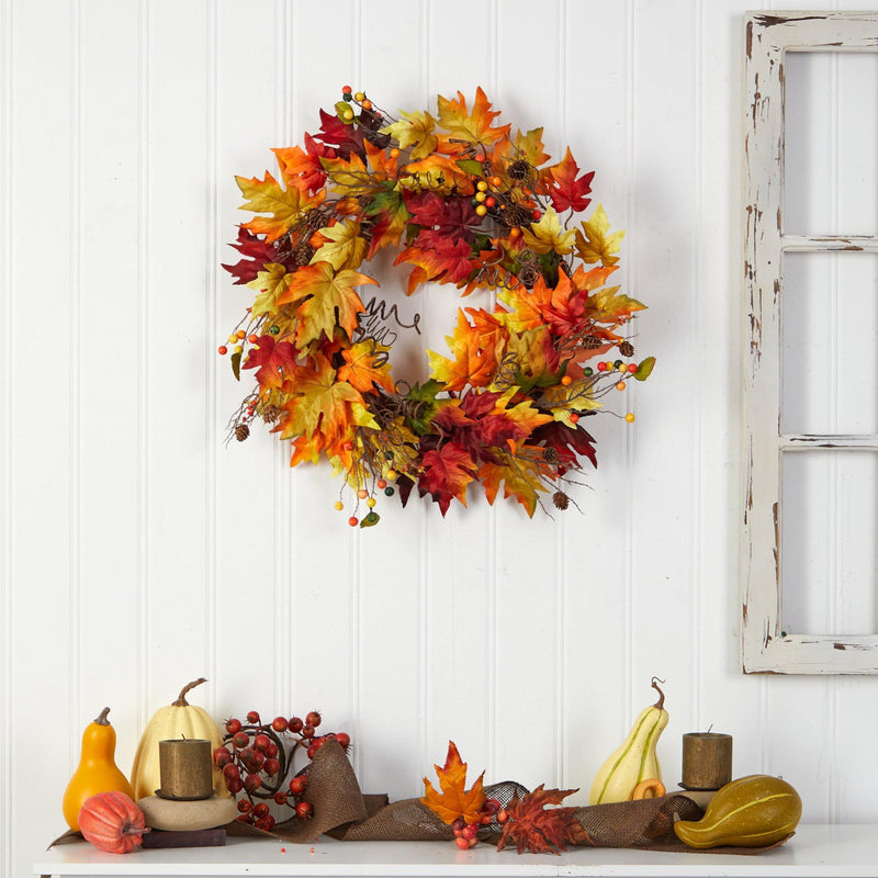 24” Autumn Maple Leaf and Berries Artificial Fall Wreath with Twig Base by Nearly Natural