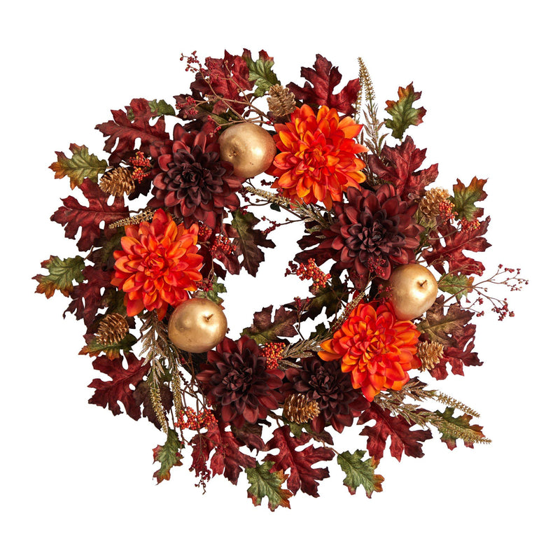 24” Fall Dahlia, Golden Apple, Oak Leaf and Berries Autumn Artificial Wreath by Nearly Natural