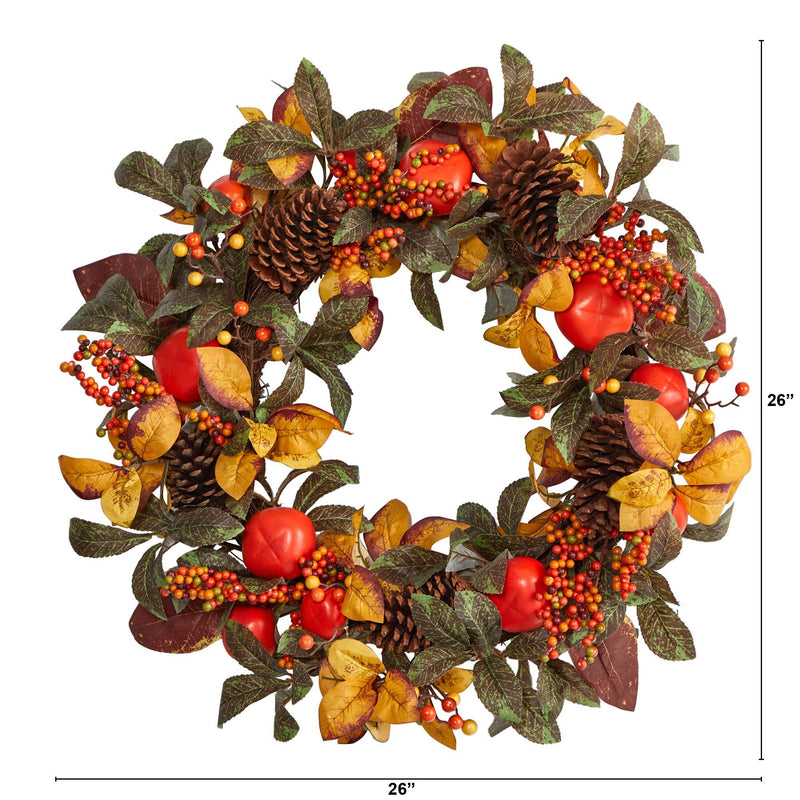 26” Autumn Persimmon and Pinecones Artificial Fall Wreath by Nearly Natural