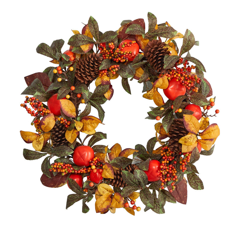 26” Autumn Persimmon and Pinecones Artificial Fall Wreath by Nearly Natural