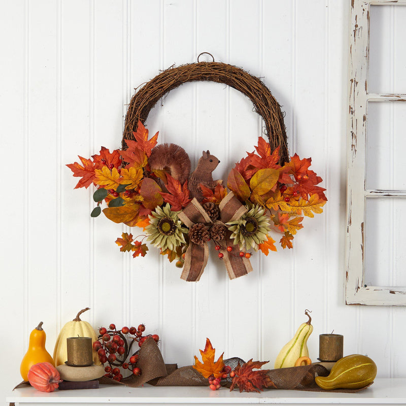 26” Fall Harvest Artificial Autumn Wreath with Twig Base and Bunny by Nearly Natural