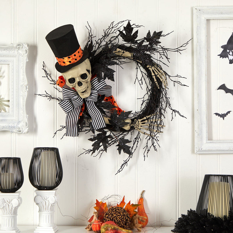 26" Halloween Dapper Skeleton Wreath" by Nearly Natural