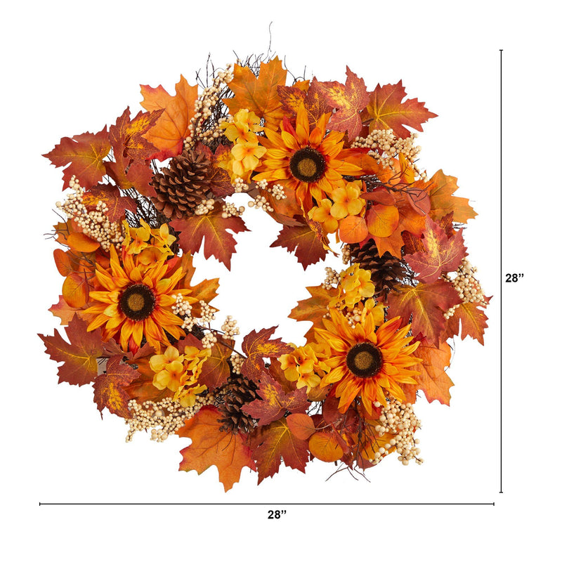 28” Autumn Maple Leaves, Sunflower, White Berries and Pinecones Artificial Fall Wreath by Nearly Natural