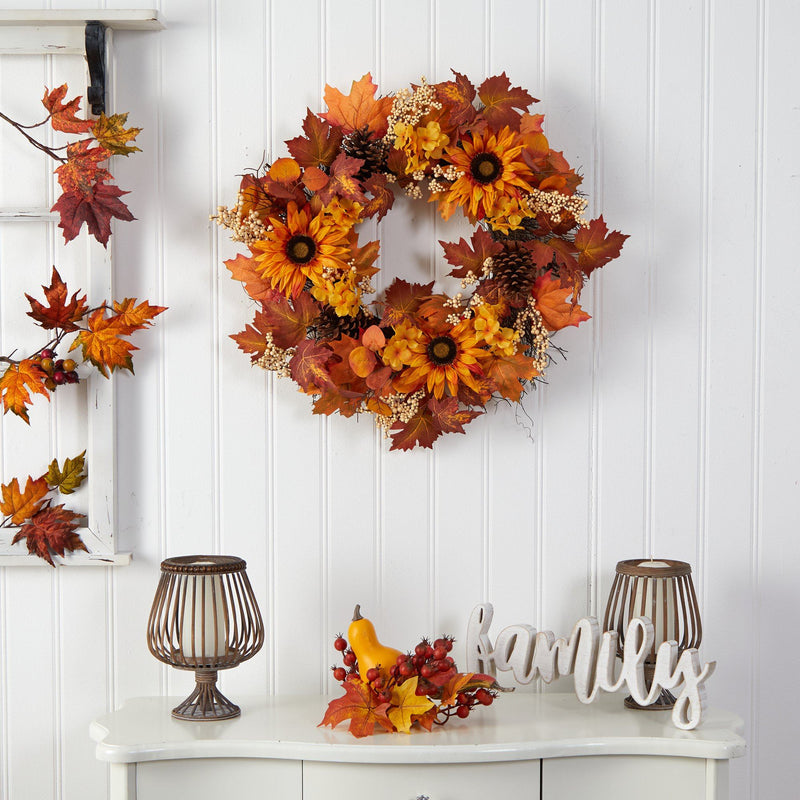 28” Autumn Maple Leaves, Sunflower, White Berries and Pinecones Artificial Fall Wreath by Nearly Natural