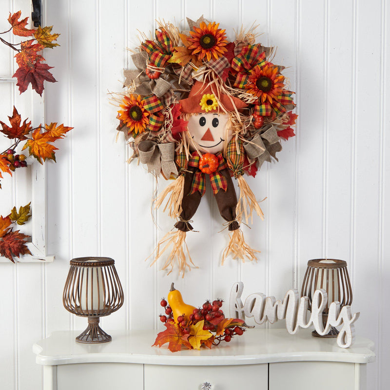 30” Scarecrow Fall Artificial Autumn Wreath with Sunflower, Pumpkin and Decorative Bows by Nearly Natural