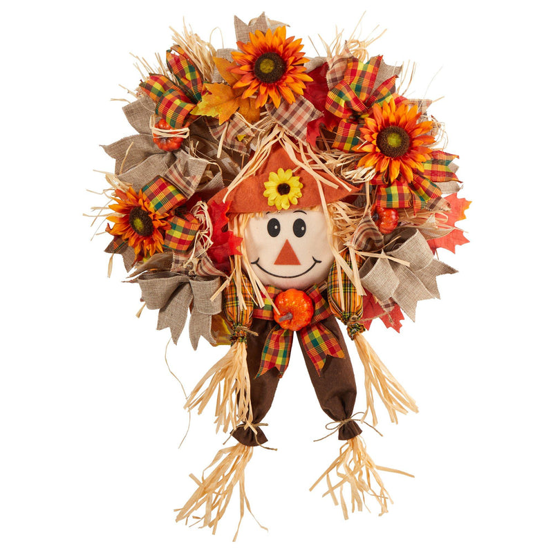 30” Scarecrow Fall Artificial Autumn Wreath with Sunflower, Pumpkin and Decorative Bows by Nearly Natural