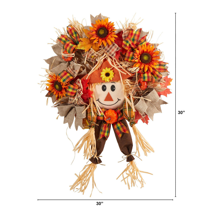 30” Scarecrow Fall Artificial Autumn Wreath with Sunflower, Pumpkin and Decorative Bows by Nearly Natural