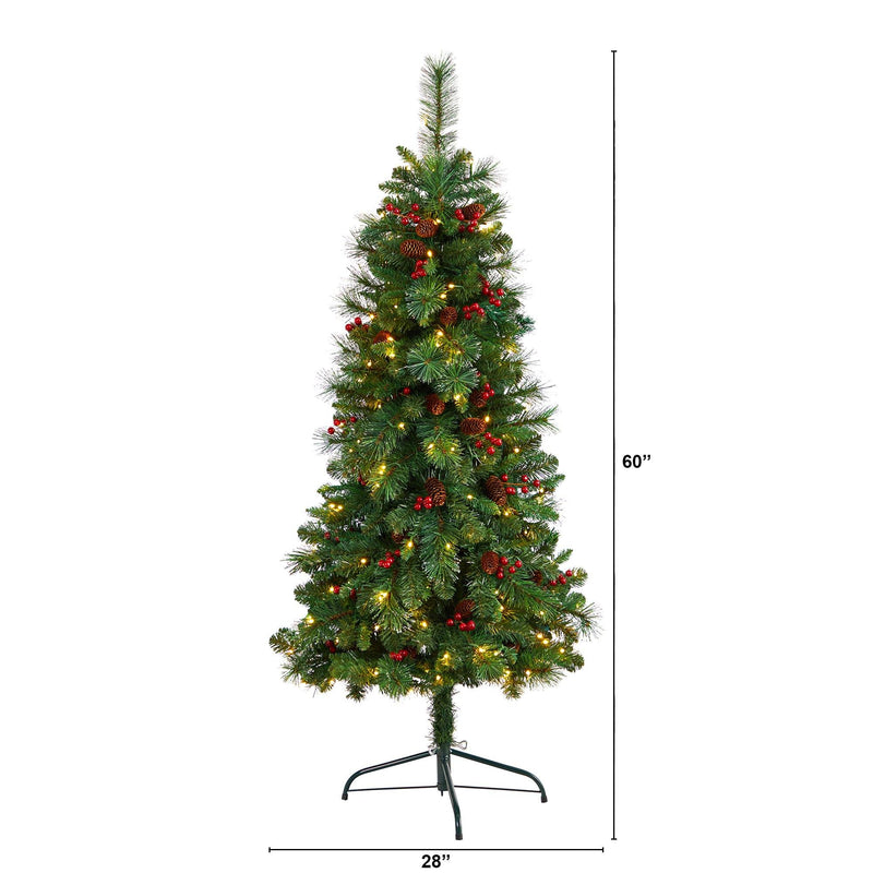 5’ Flat Back Montreal Mountain Artificial Christmas Tree with Pine Cones and Berries by Nearly Natural