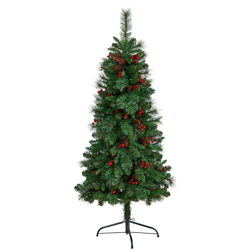 5’ Flat Back Montreal Mountain Artificial Christmas Tree with Pine Cones and Berries by Nearly Natural